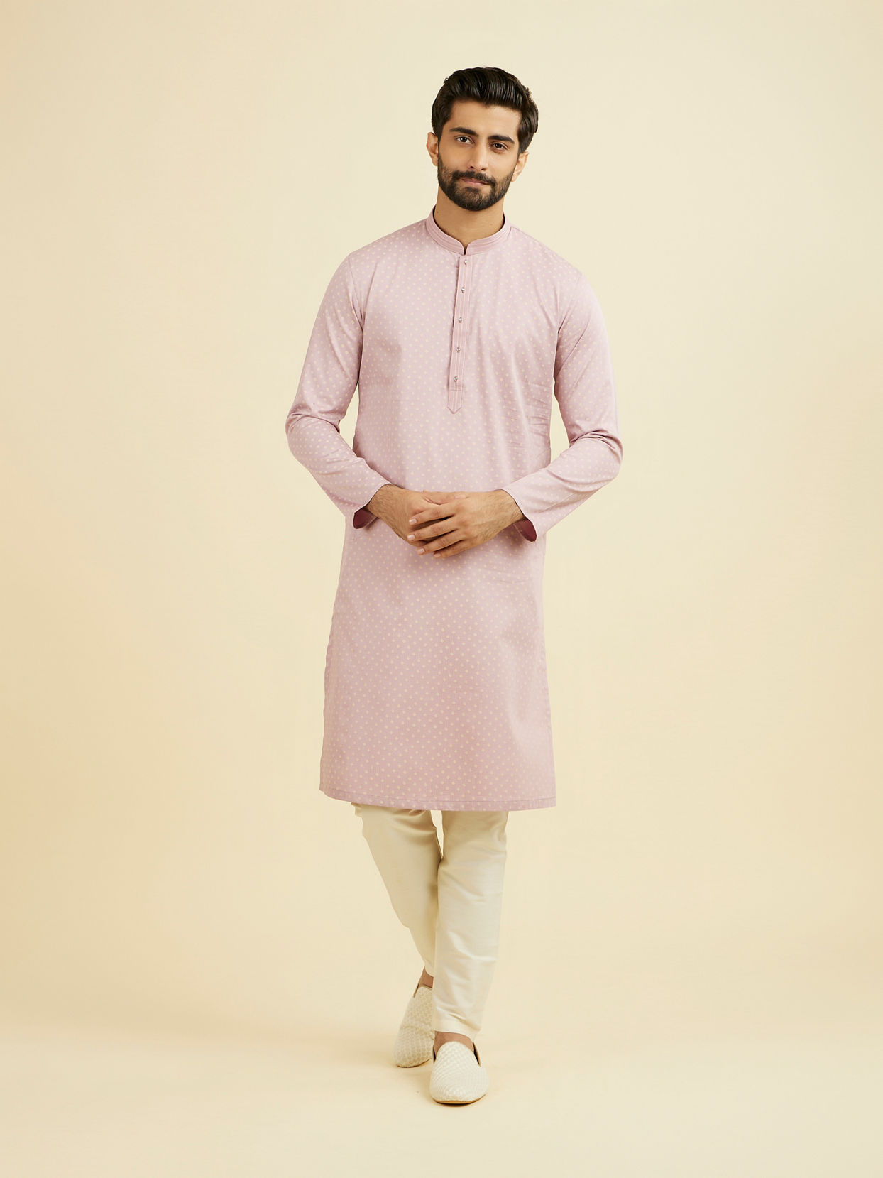 Manyavar Men Dusty Pink Cotton Printed Kurta Pajama Set