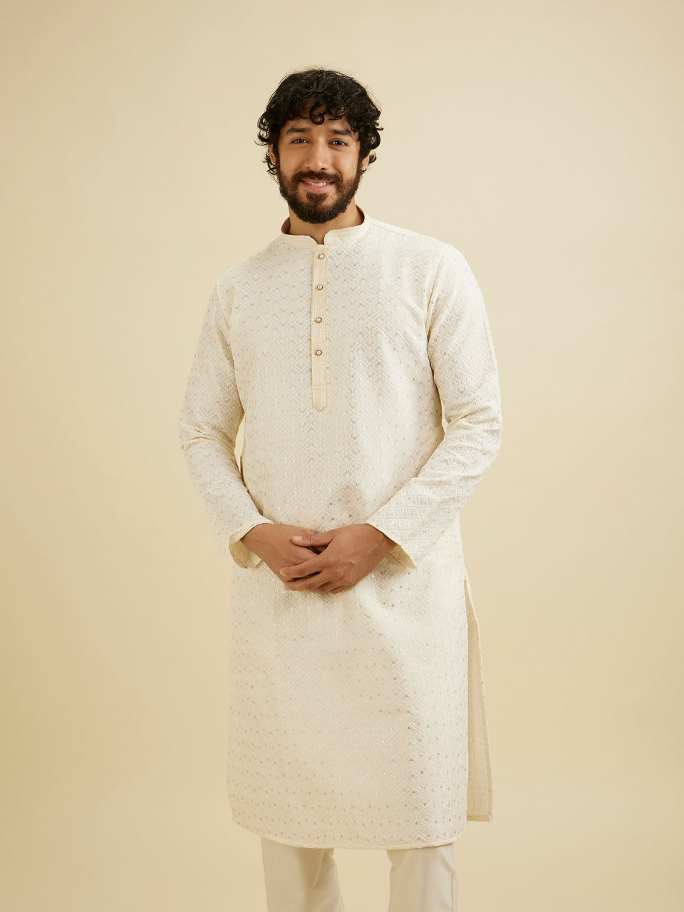 Manyavar Men Cream White Chikankari Kurta Set With Sequin Work