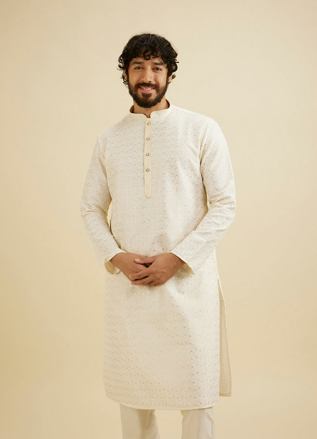 Manyavar Men Cream White Chikankari Kurta Set With Sequin Work
