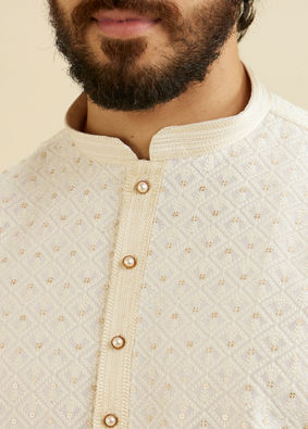 Manyavar Men Cream White Chikankari Kurta Set With Sequin Work