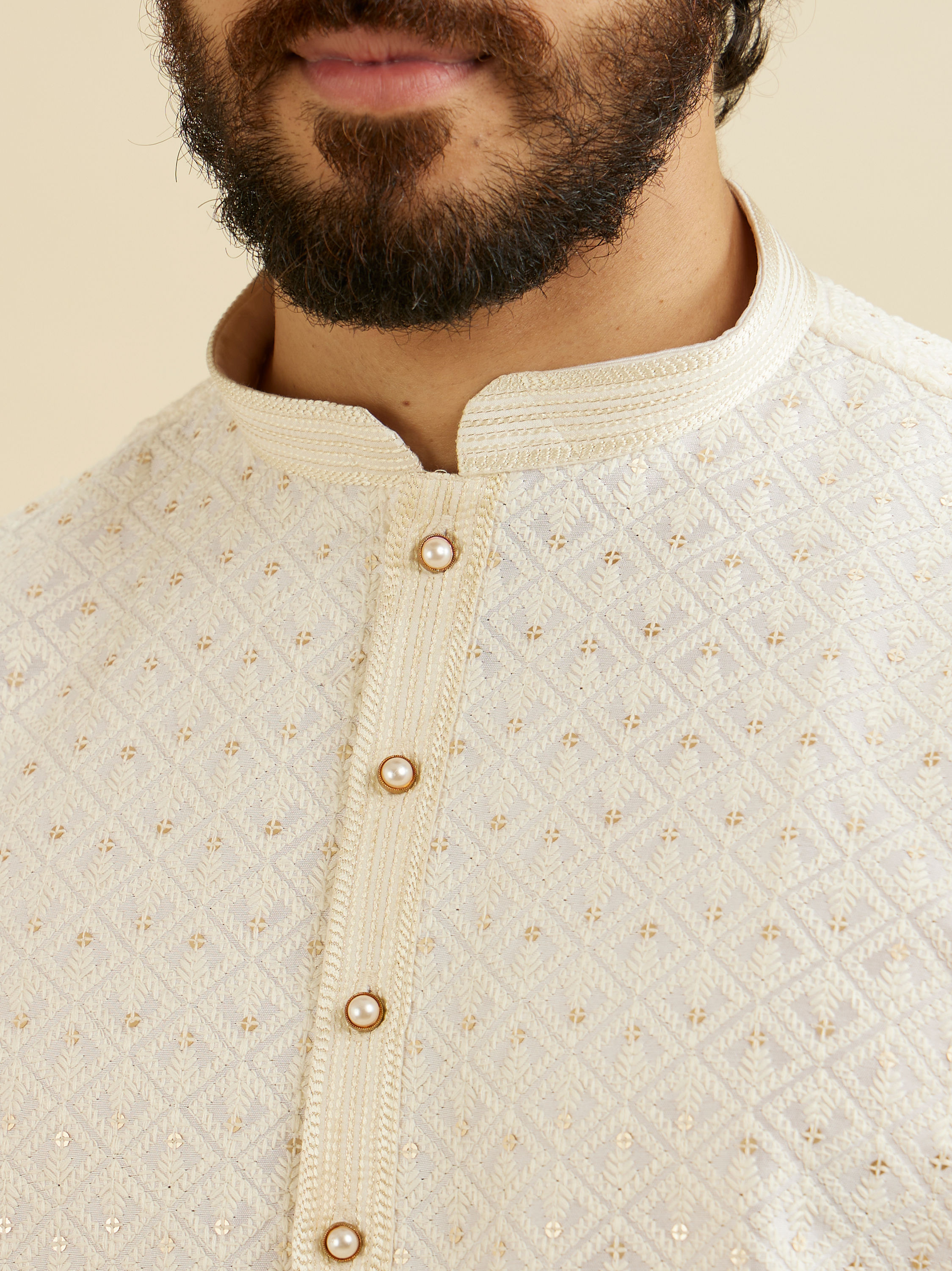 Manyavar Men Cream White Chikankari Kurta Set With Sequin Work
