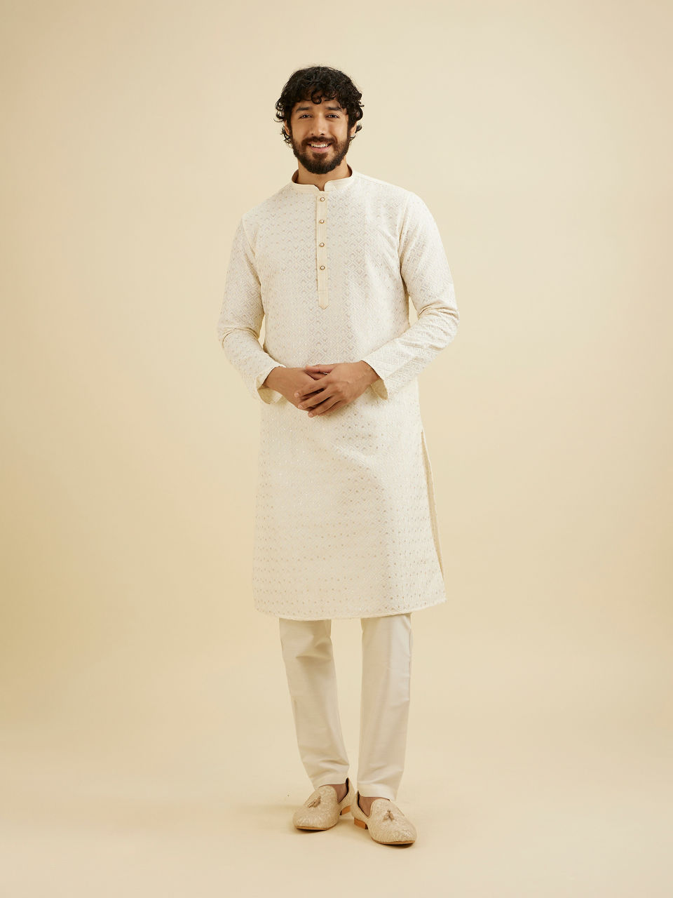 Manyavar Men Cream White Chikankari Kurta Set With Sequin Work