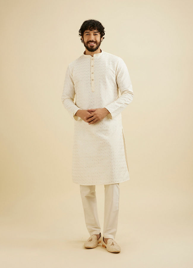 Manyavar Men Cream White Chikankari Kurta Set With Sequin Work