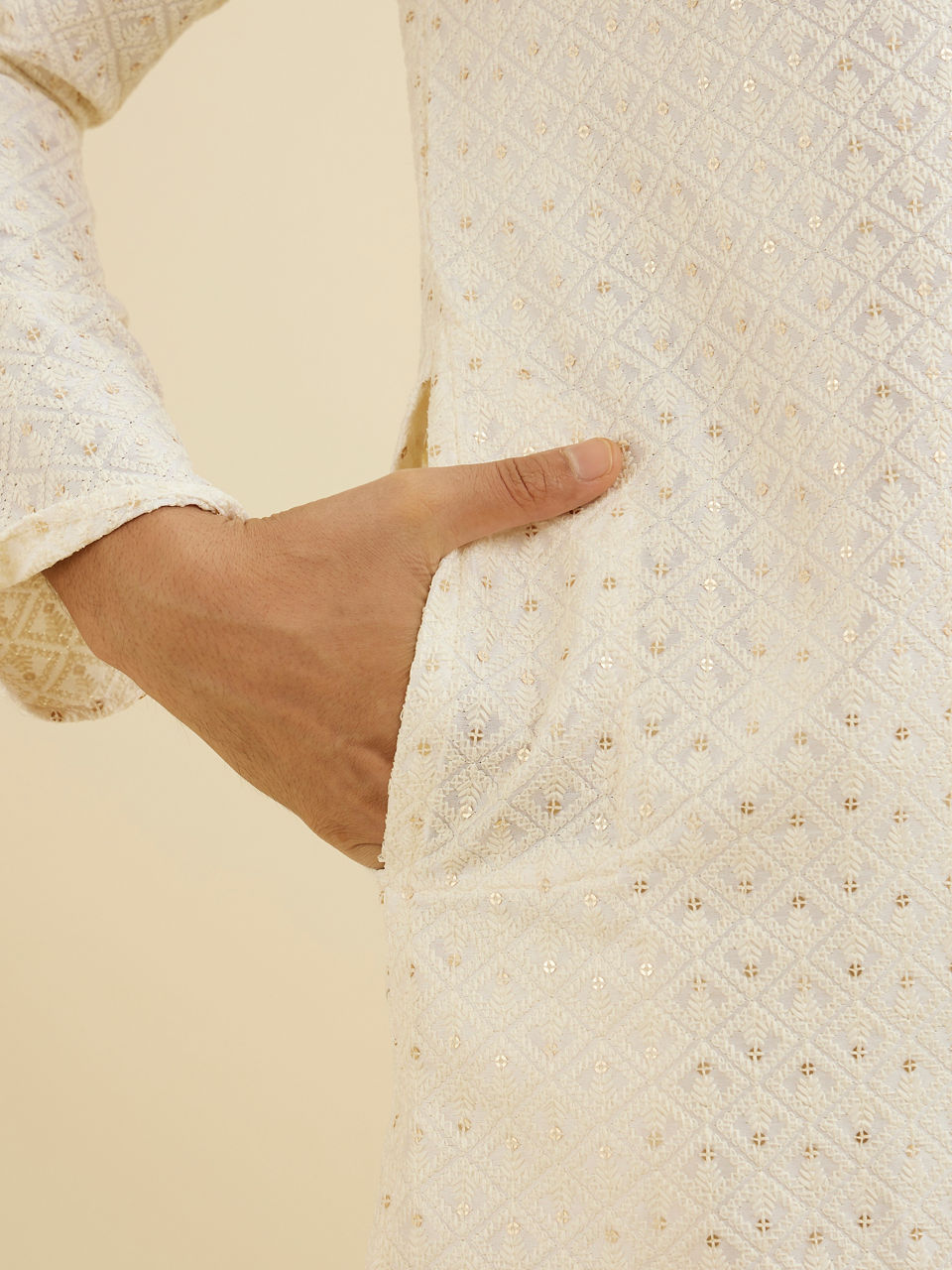 Manyavar Men Cream White Chikankari Kurta Set With Sequin Work