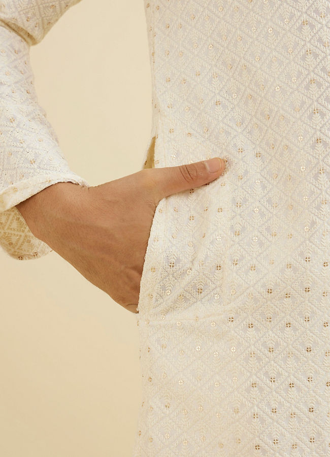 Manyavar Men Cream White Chikankari Kurta Set With Sequin Work