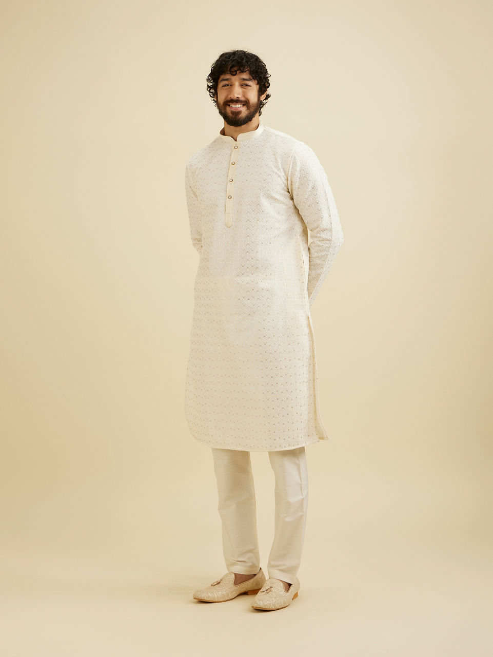 Manyavar Men Cream White Chikankari Kurta Set With Sequin Work