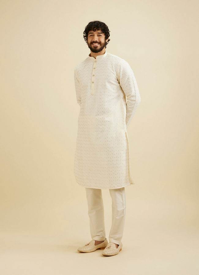 Manyavar Men Cream White Chikankari Kurta Set With Sequin Work
