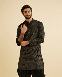 Manyavar Men Ebony Black Paisley Patterned Kurta Set with Rhinestone Work