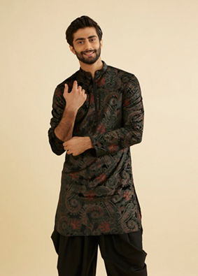 Manyavar Men Ebony Black Paisley Patterned Kurta Set with Rhinestone Work image number 0