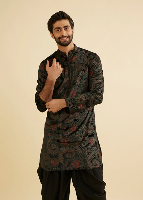 Manyavar Men Ebony Black Paisley Patterned Kurta Set with Rhinestone Work