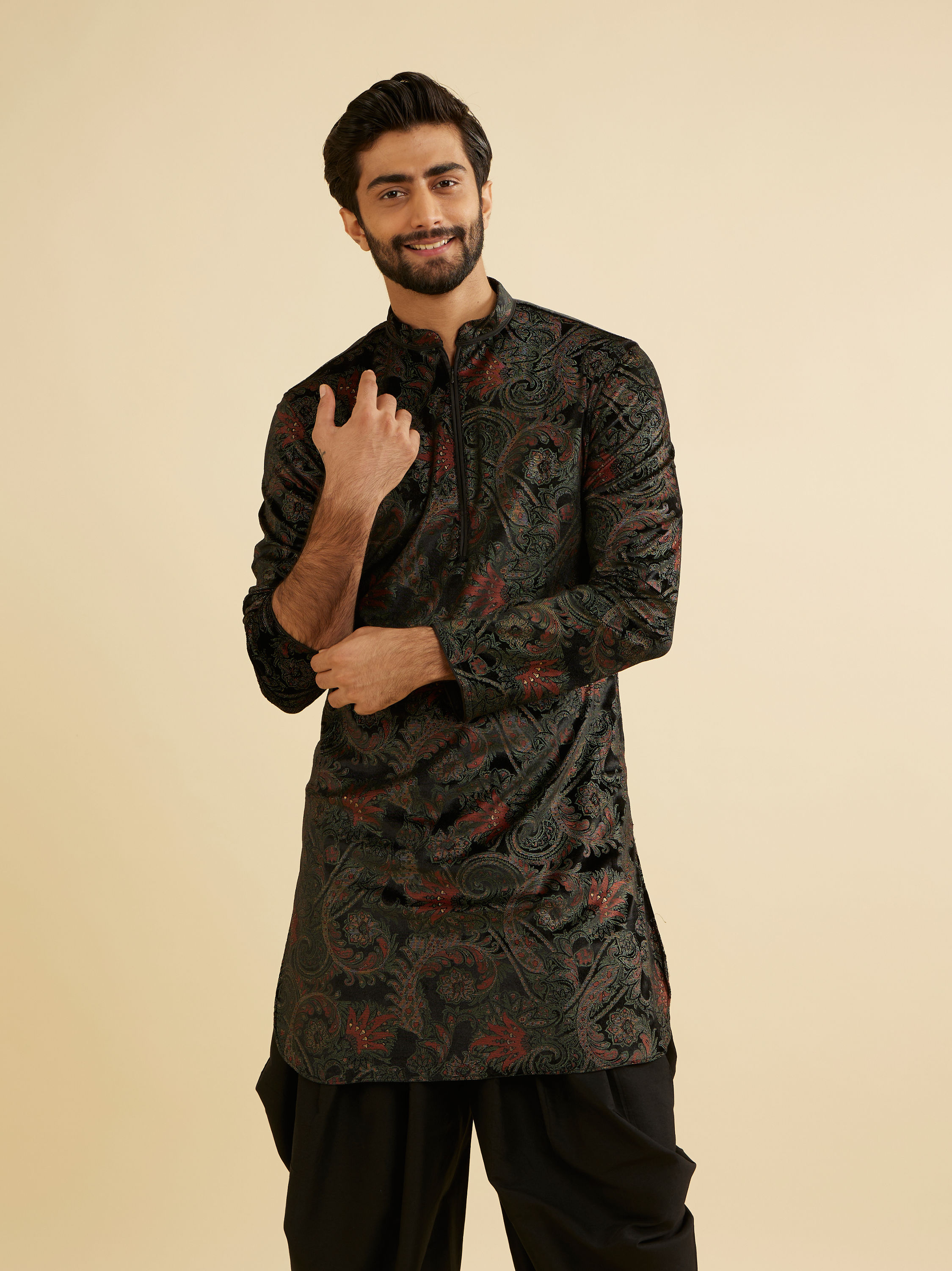 Manyavar Men Ebony Black Paisley Patterned Kurta Set with Rhinestone Work