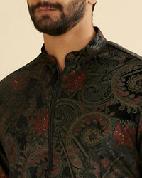 Manyavar Men Ebony Black Paisley Patterned Kurta Set with Rhinestone Work