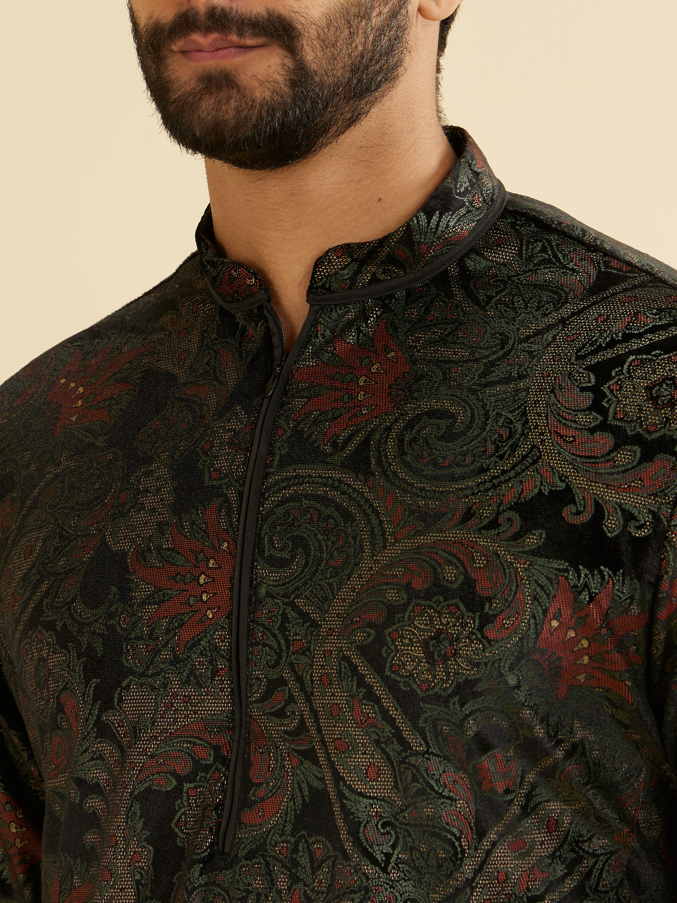 Manyavar Men Ebony Black Paisley Patterned Kurta Set with Rhinestone Work