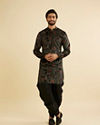 Manyavar Men Ebony Black Paisley Patterned Kurta Set with Rhinestone Work