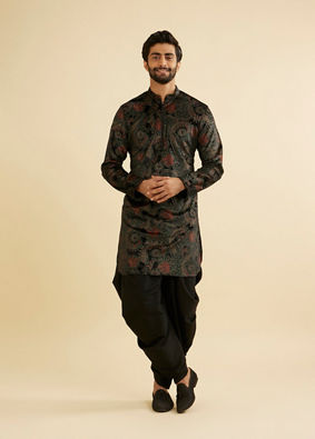 Manyavar Men Ebony Black Paisley Patterned Kurta Set with Rhinestone Work image number 2