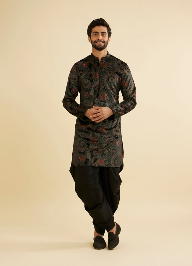 Manyavar Men Ebony Black Paisley Patterned Kurta Set with Rhinestone Work image number 2