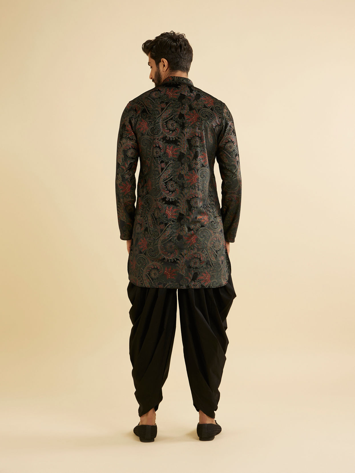 Manyavar Men Ebony Black Paisley Patterned Kurta Set with Rhinestone Work