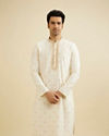 Cream White Buta Patterned Kurta Set with Embroidered Neckline