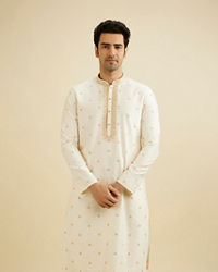 Manyavar Men Cream White Buta Patterned Kurta Set with Embroidered Neckline