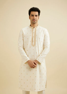 Manyavar Men Cream White Buta Patterned Kurta Set with Embroidered Neckline