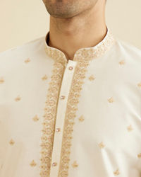 Manyavar Men Cream White Buta Patterned Kurta Set with Embroidered Neckline