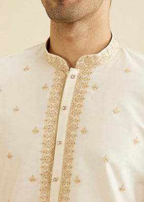 Manyavar Men Cream White Buta Patterned Kurta Set with Embroidered Neckline