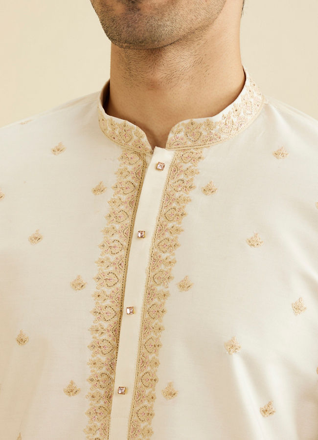 Manyavar Men Cream White Buta Patterned Kurta Set with Embroidered Neckline