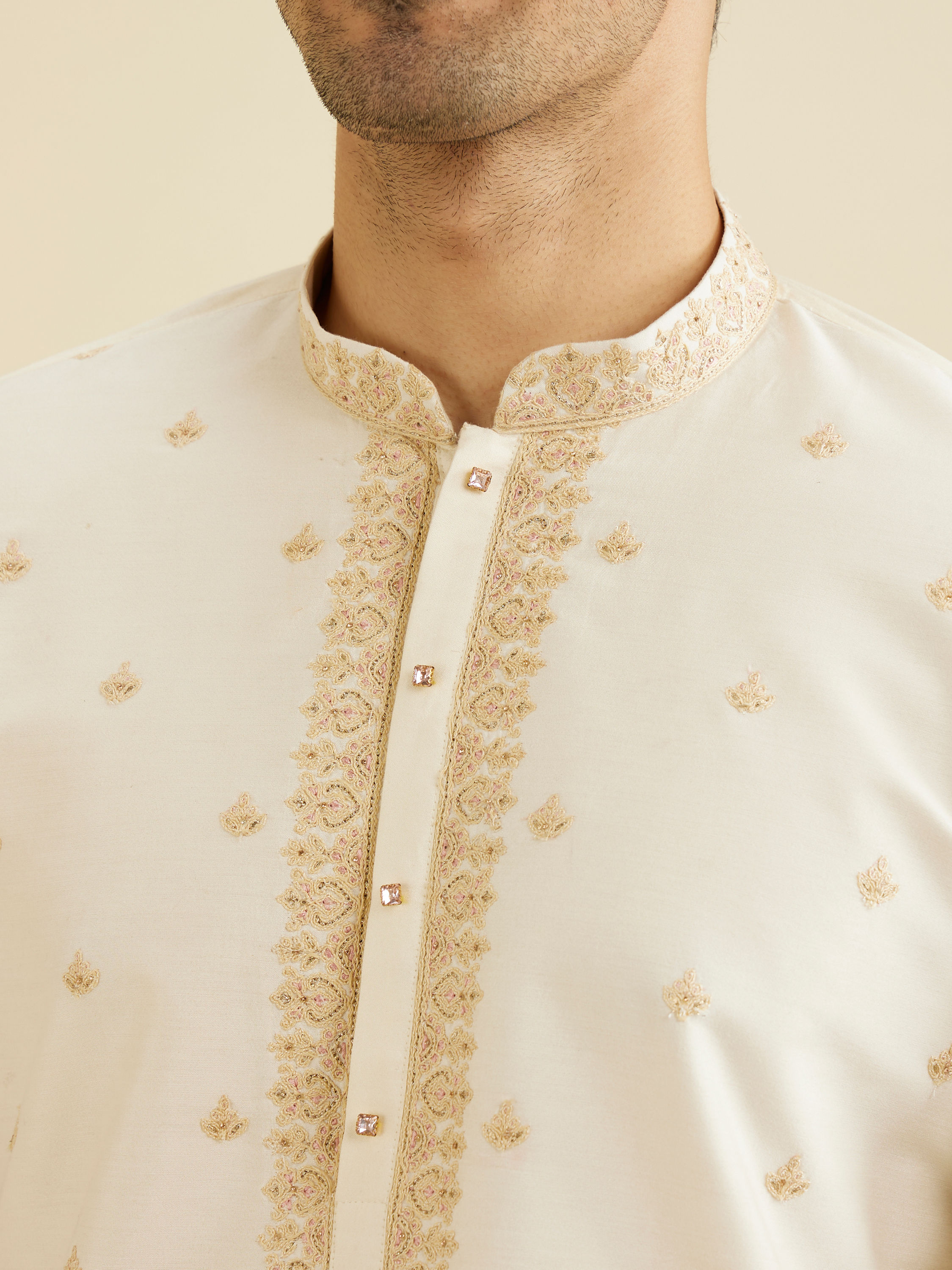 Manyavar Men Cream White Buta Patterned Kurta Set with Embroidered Neckline