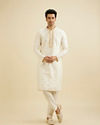 Manyavar Men Cream White Buta Patterned Kurta Set with Embroidered Neckline