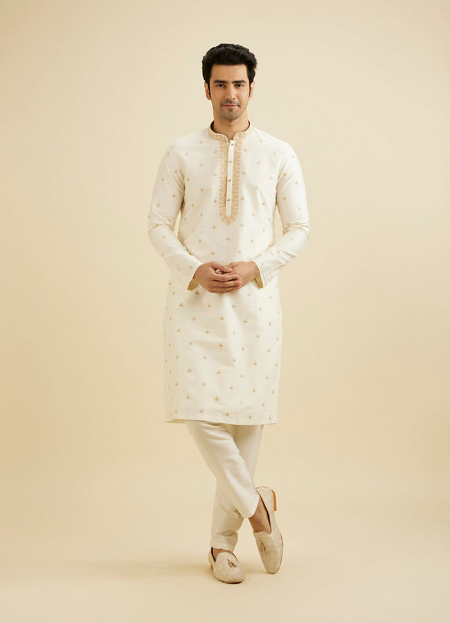 Manyavar Men Cream White Buta Patterned Kurta Set with Embroidered Neckline