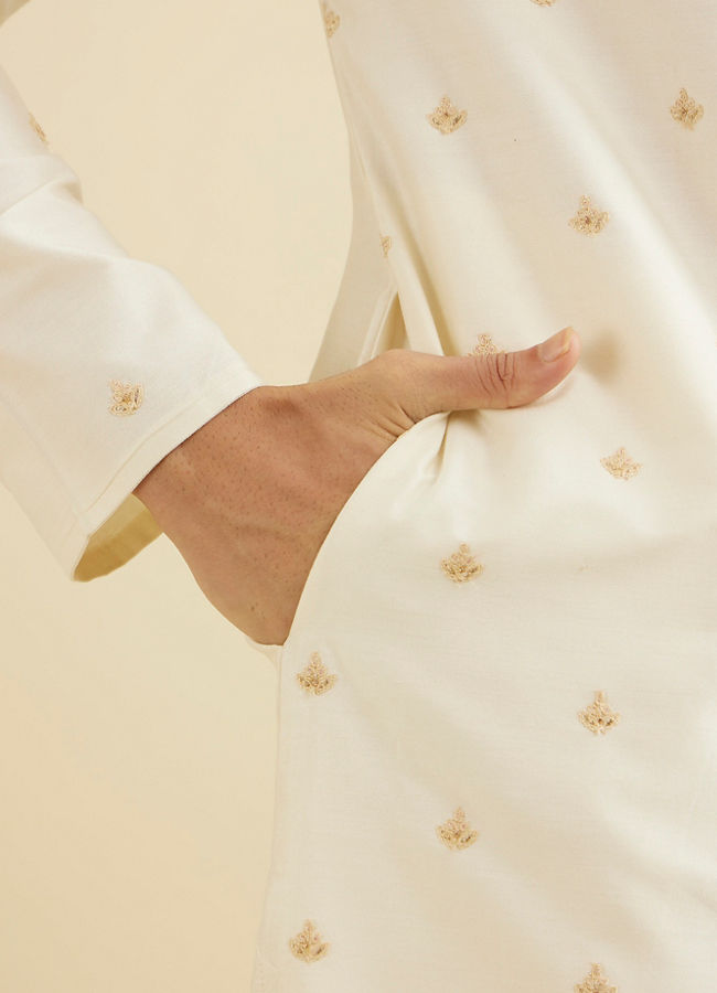 Manyavar Men Cream White Buta Patterned Kurta Set with Embroidered Neckline