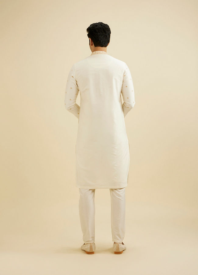 Manyavar Men Cream White Buta Patterned Kurta Set with Embroidered Neckline