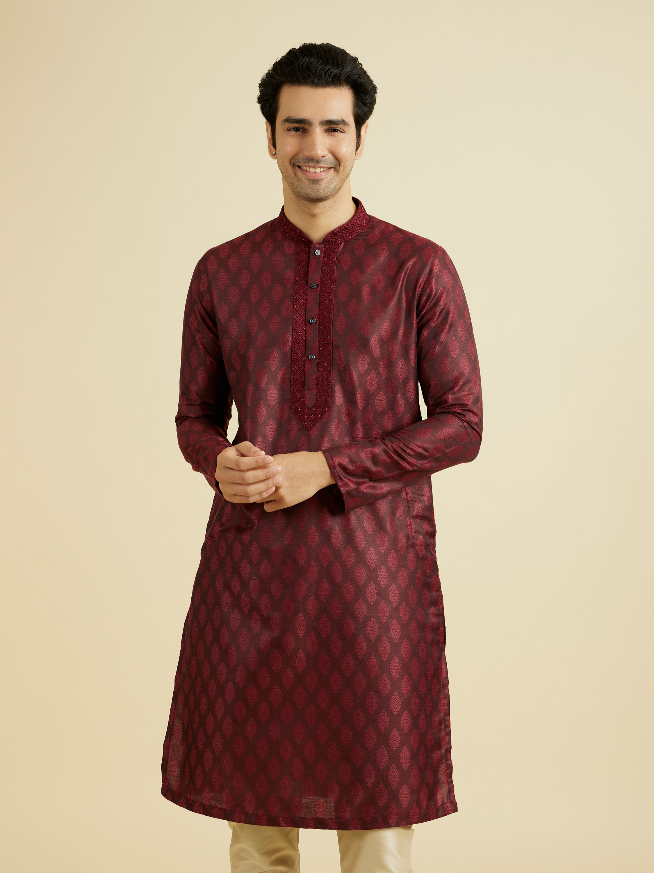 Manyavar Men Maroon Celebration Kurta Pajama