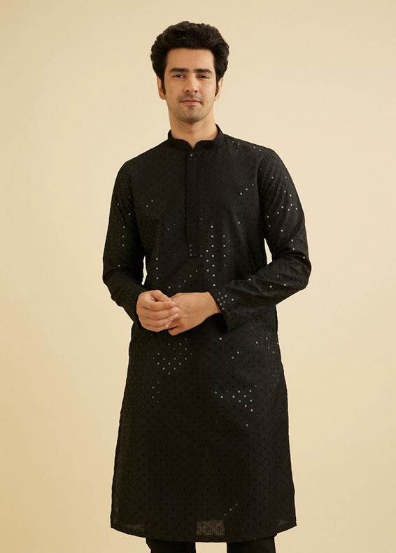 Manyavar Men Ebony Black Jaal Sequinned Kurta Set