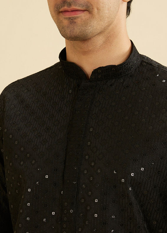 Manyavar Men Ebony Black Jaal Sequinned Kurta Set