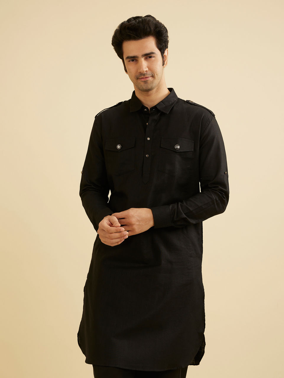 Manyavar Men Black Elegance Cotton Kurta Pajama