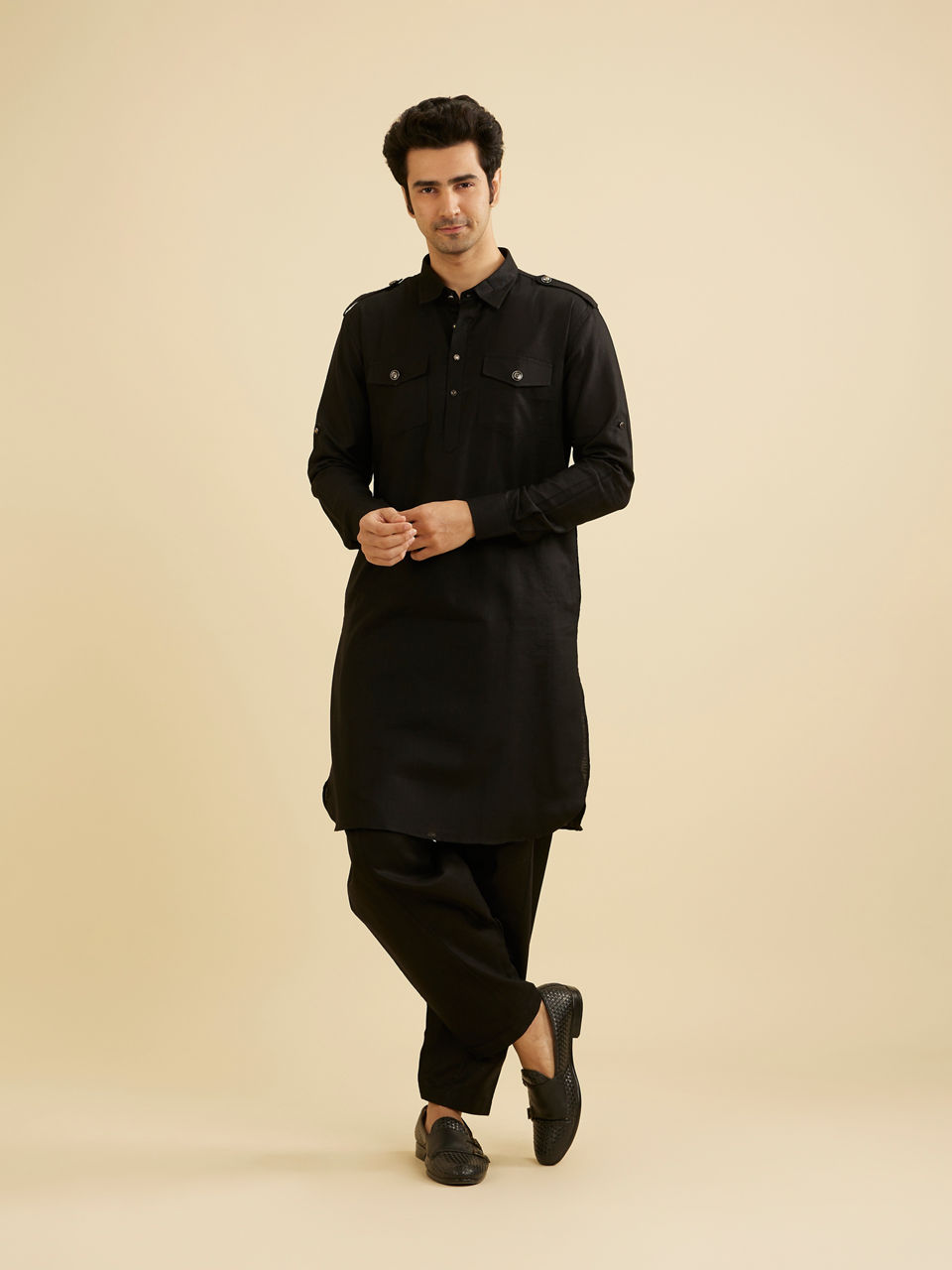 Manyavar Men Black Elegance Cotton Kurta Pajama