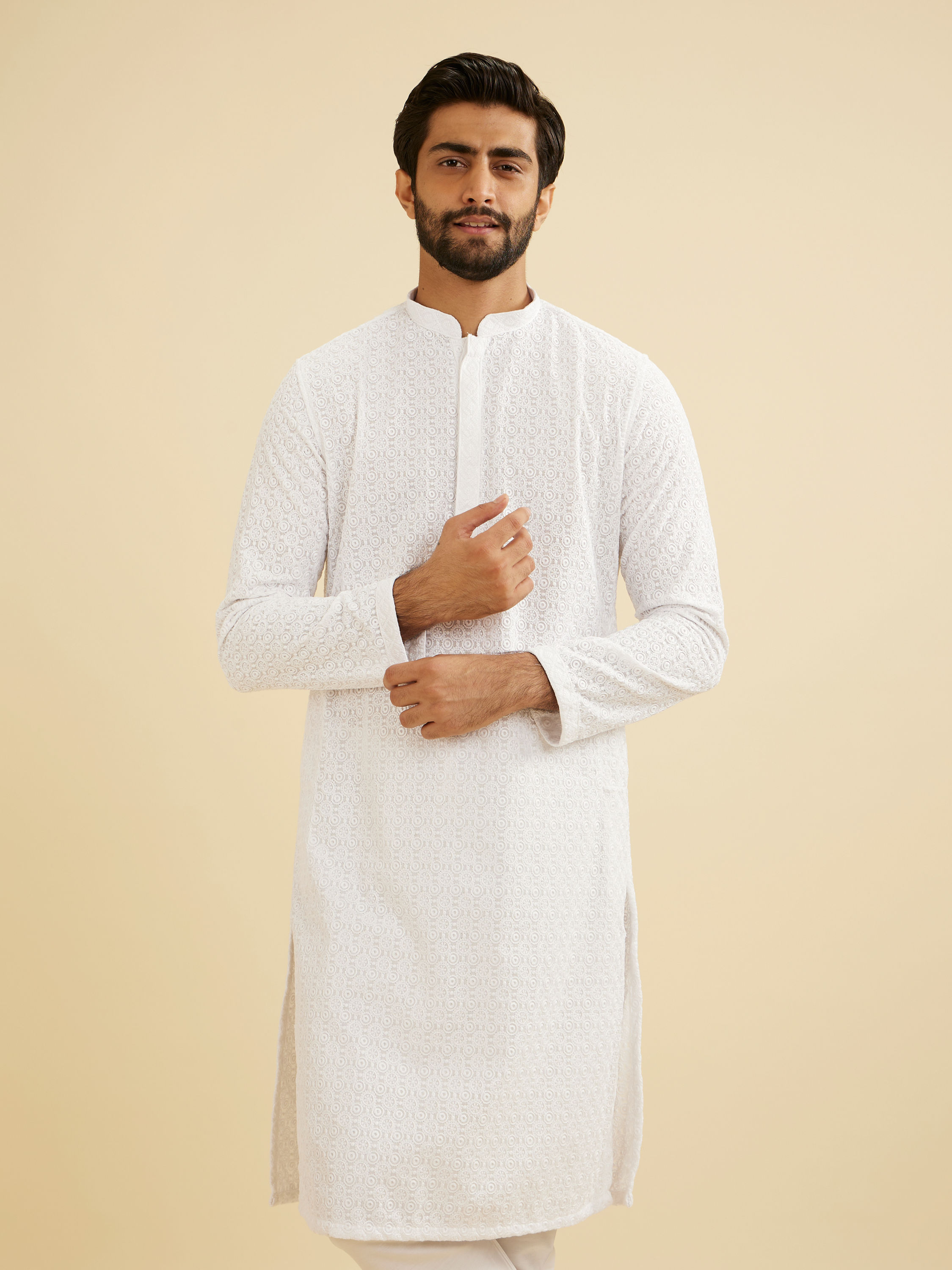 Manyavar Men Elegantly Crafted White Kurta Pajama