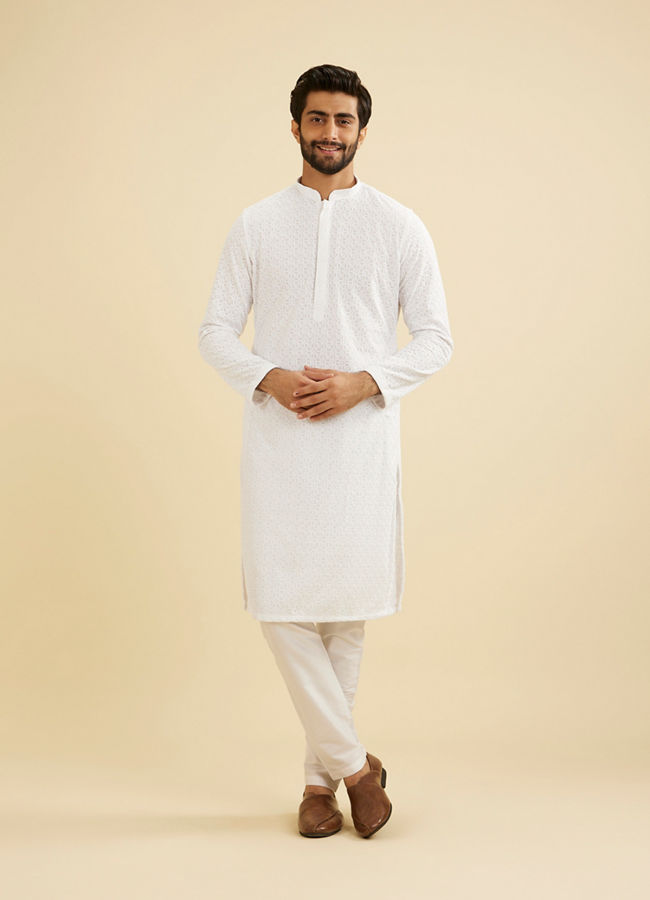 Manyavar Men Elegantly Crafted White Kurta Pajama