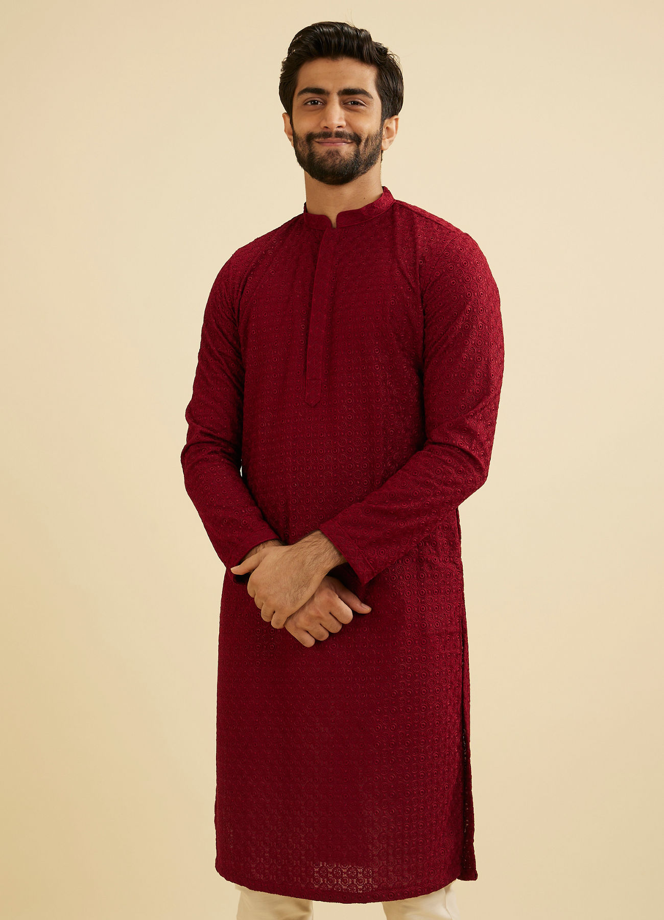 Manyavar Men Maroon Red Chikankari Kurta Set