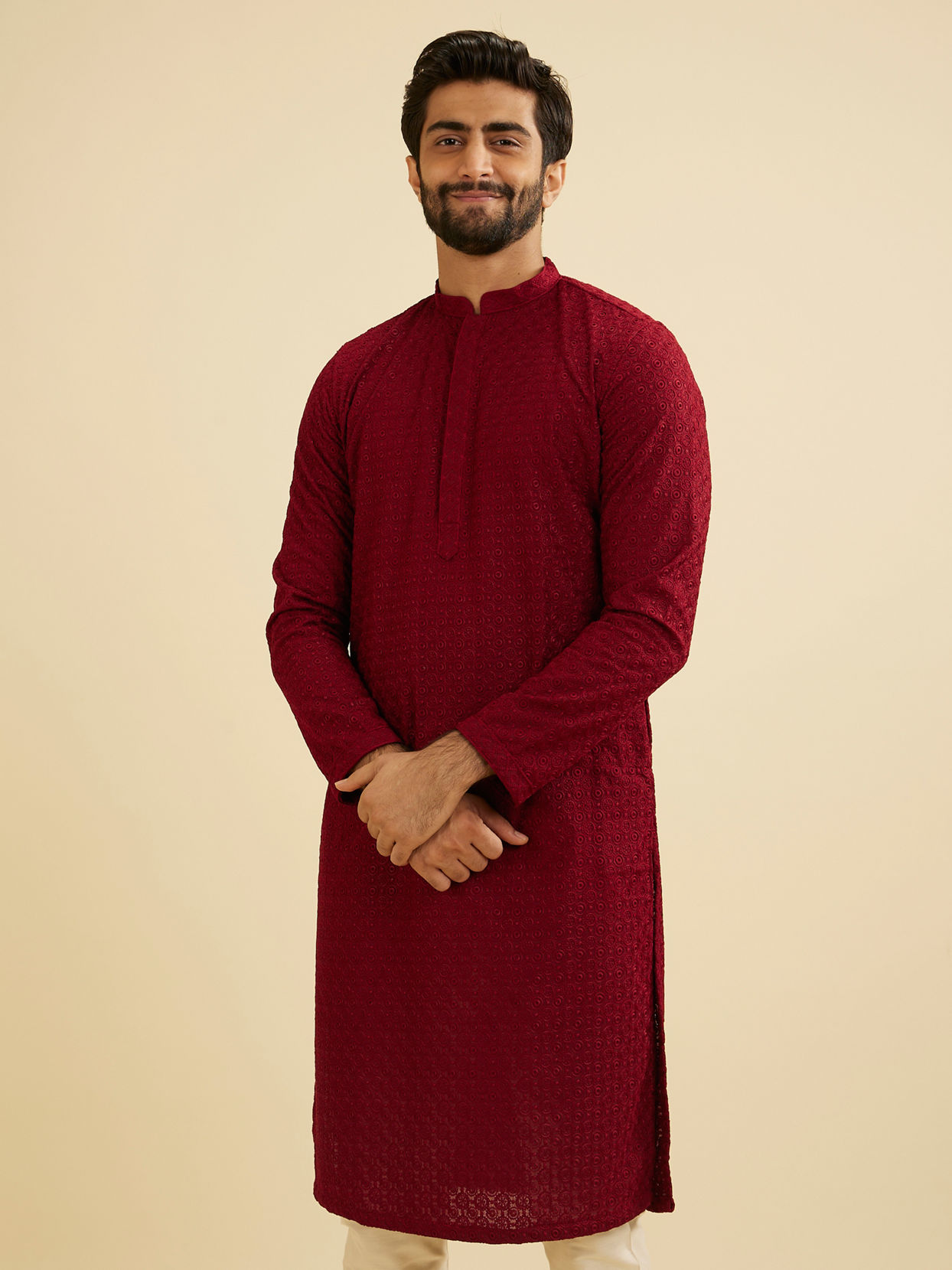 Manyavar Men Maroon Red Chikankari Kurta Set image number 0