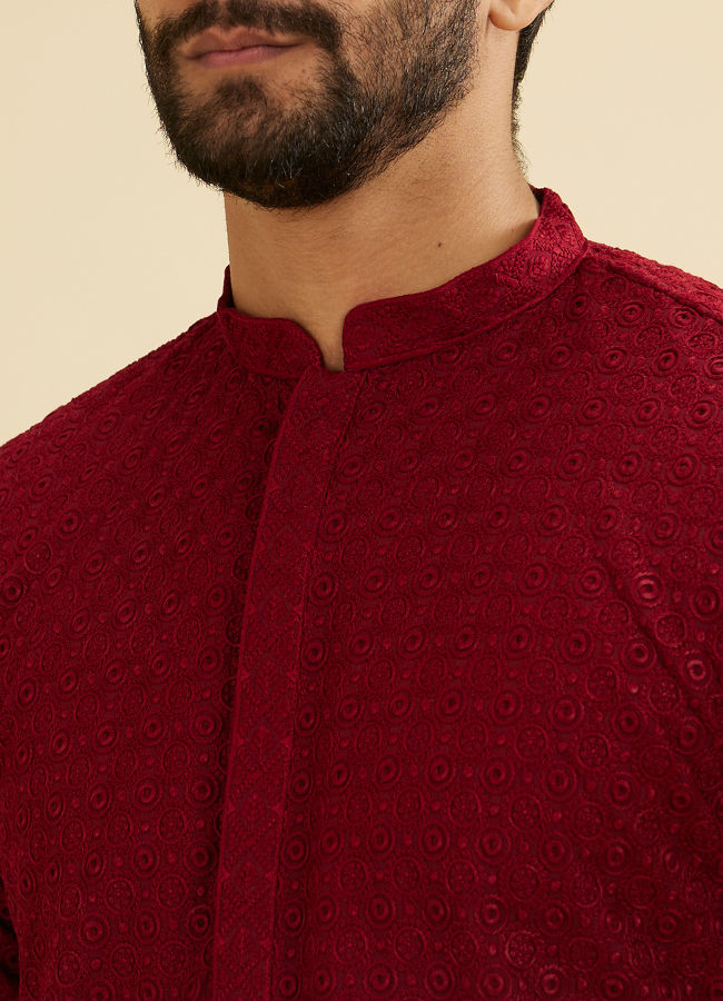 Manyavar Men Maroon Red Chikankari Kurta Set image number 1