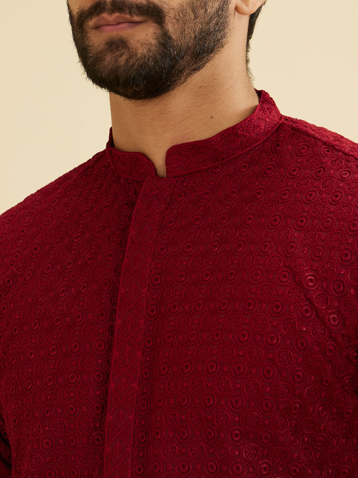 Manyavar Men Maroon Red Chikankari Kurta Set image number 1