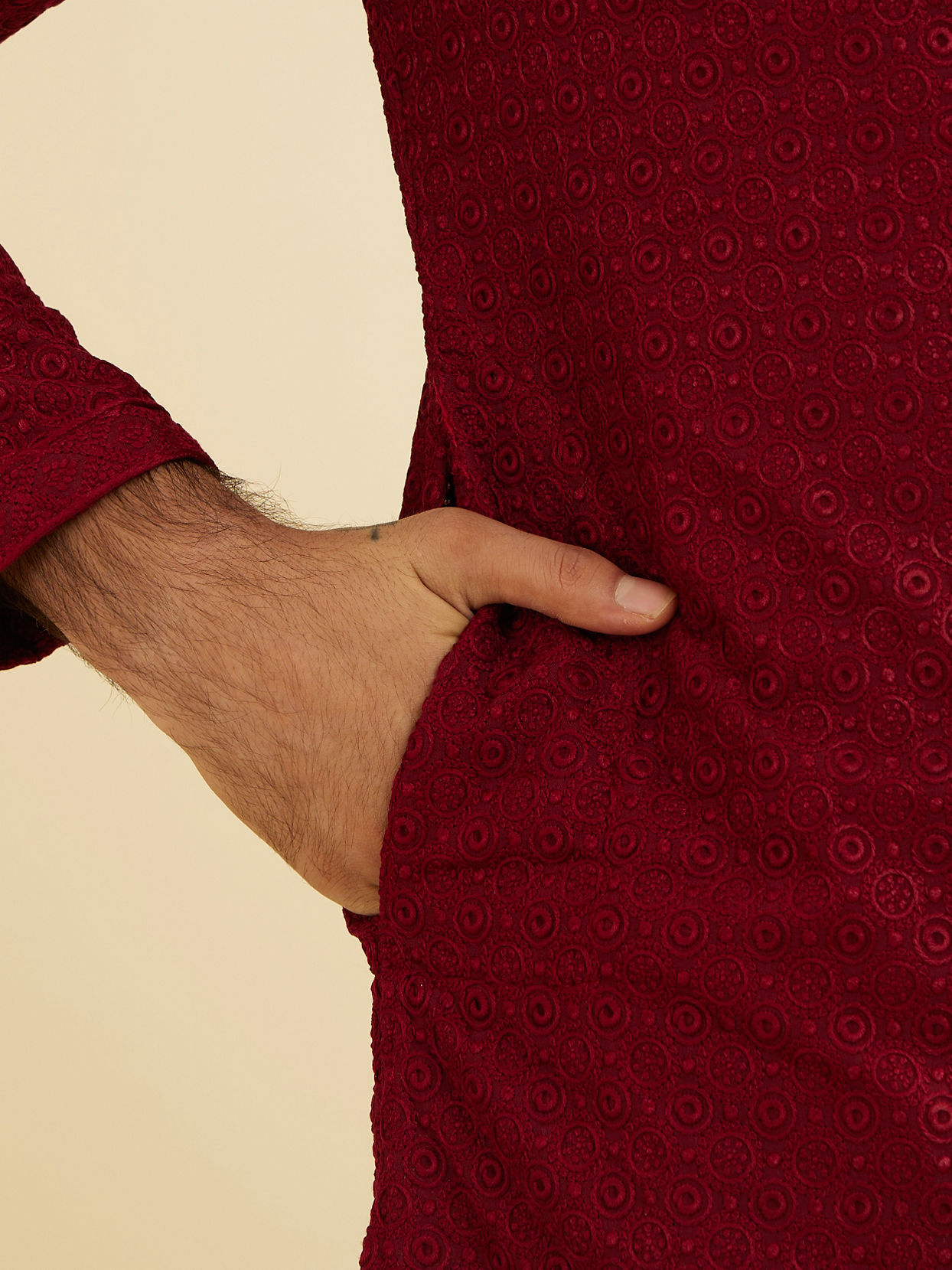 Manyavar Men Maroon Red Chikankari Kurta Set