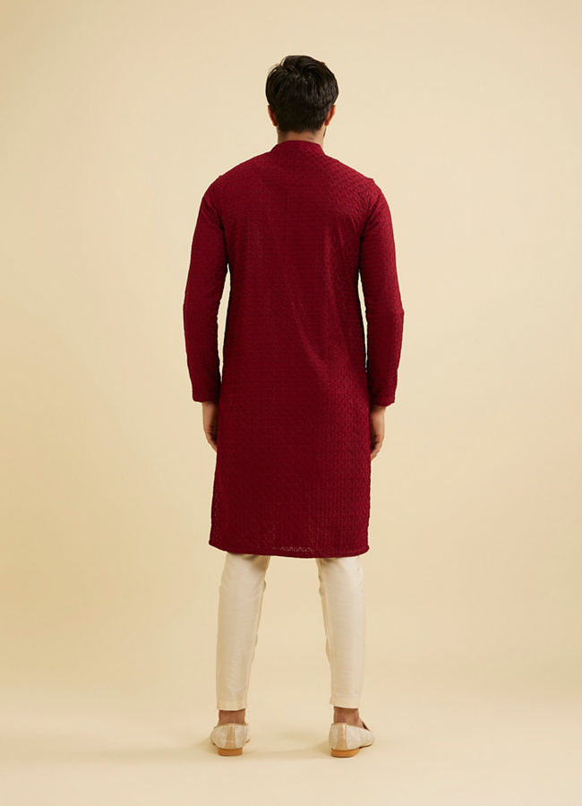 Manyavar Men Maroon Red Chikankari Kurta Set image number 5