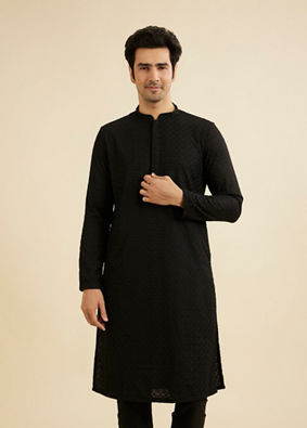 Manyavar Men Charcoal Black Chikankari Kurta Set