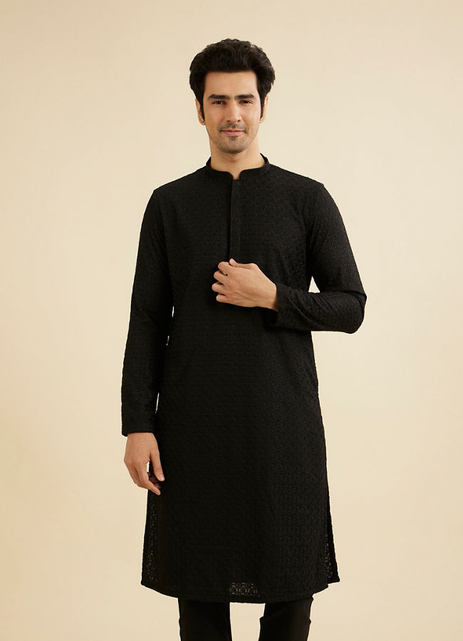 Manyavar Men Charcoal Black Chikankari Kurta Set