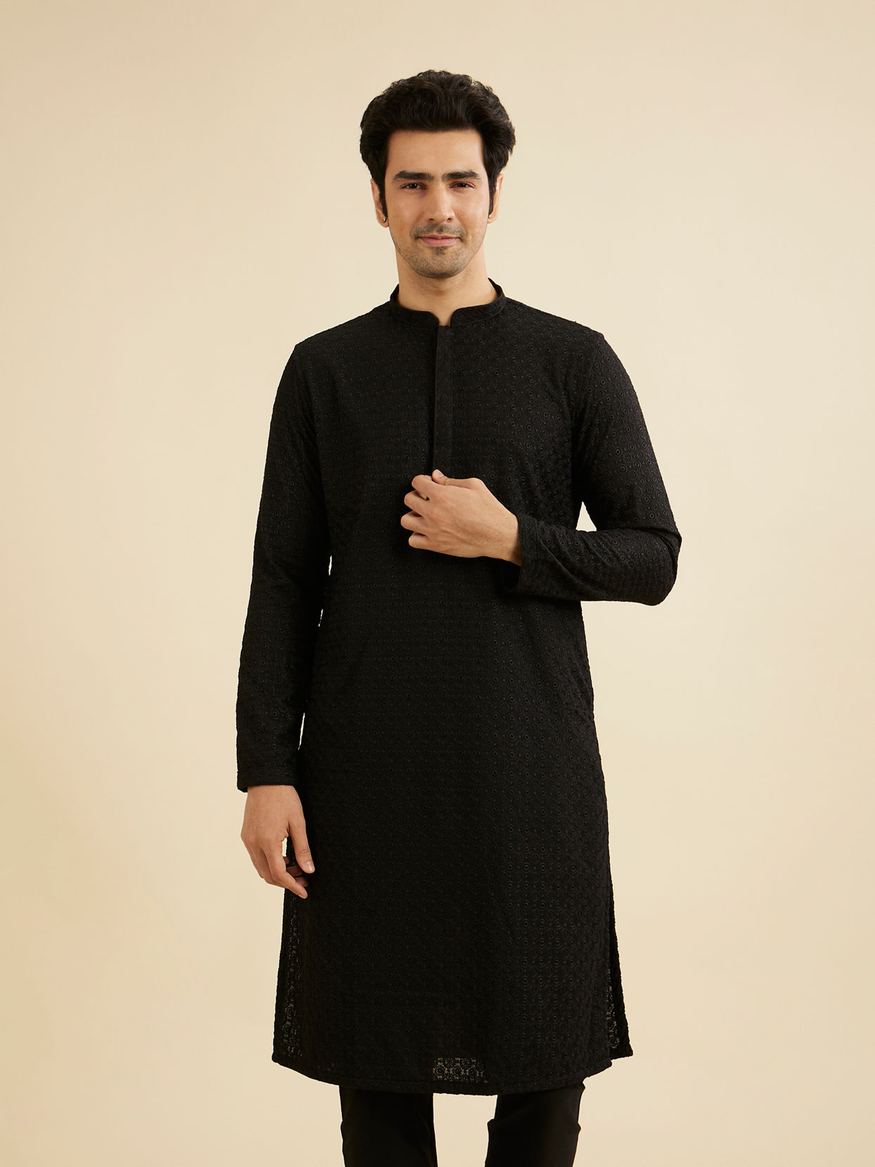 Manyavar Men Charcoal Black Chikankari Kurta Set