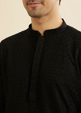 Manyavar Men Charcoal Black Chikankari Kurta Set