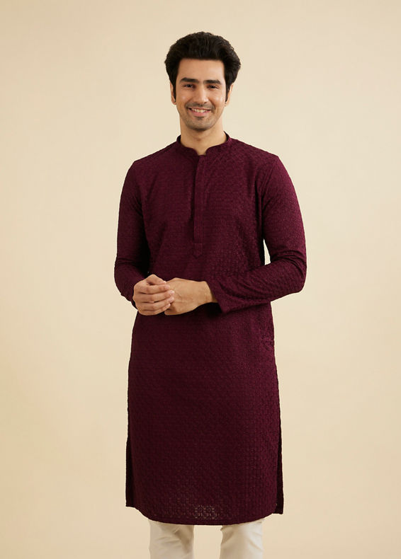 Manyavar Men Wine Red Chikankari Kurta Set